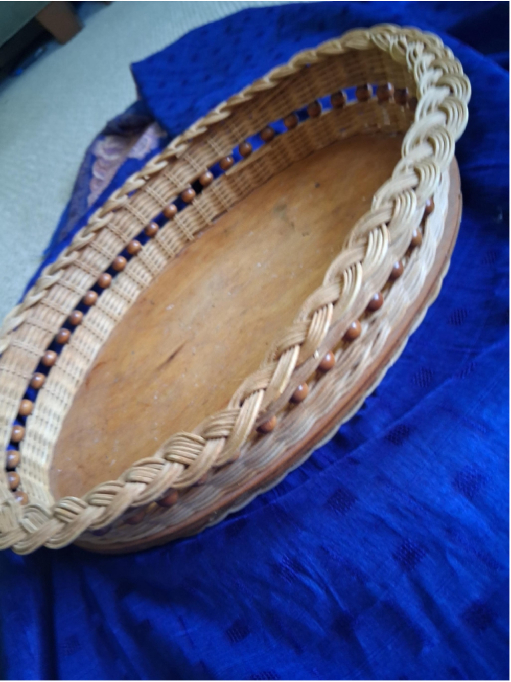 Vtg Victorian Primitive Beaded Woven Oval Wicker Vanity or Serving 15" Tr
